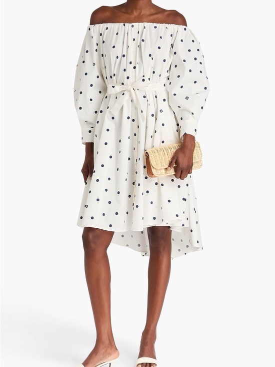 Maje Dresses & Skirts - Maje White Off-Shoulder Polka Dot Tie-Waist Dress